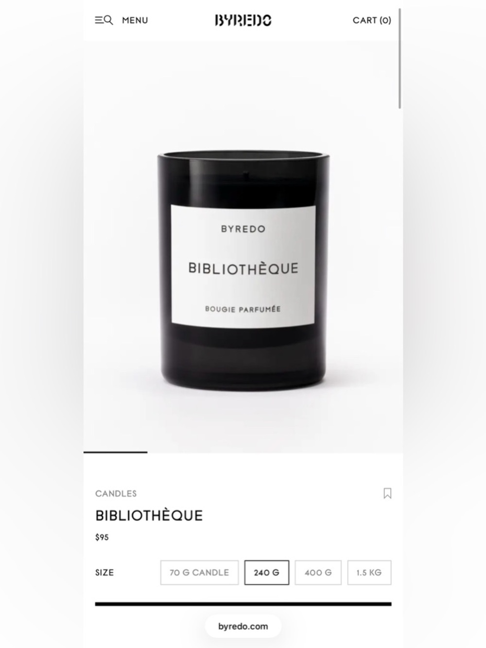 $95 BYREDO Bibliotheque Bougie Parfumee Fragranced Candle.